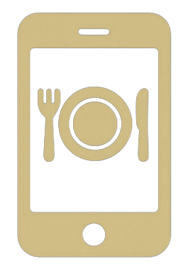 Front of a smart phone with a plate, fork, and spoon icon