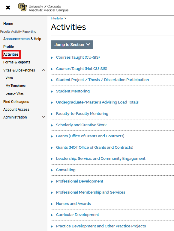 Activities Section of Interfolio