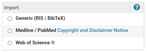 Import Options showing Generic, PubMed, or Web of Science