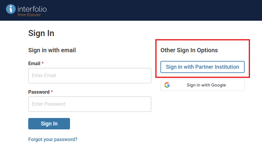 Interfolio Login Page with red box indicating user should click on