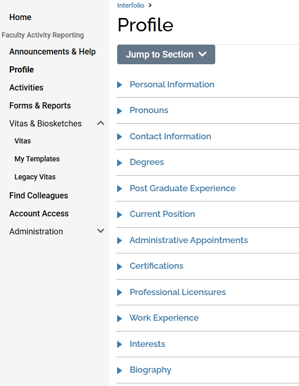 Screenshot of Interfolio Profile Section