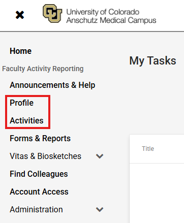 Screenshot of Interfolio with Profile and Activities Sections Highlighted