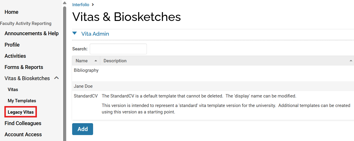 Vitas & Biosketches section with Legacy Vitas highlighted