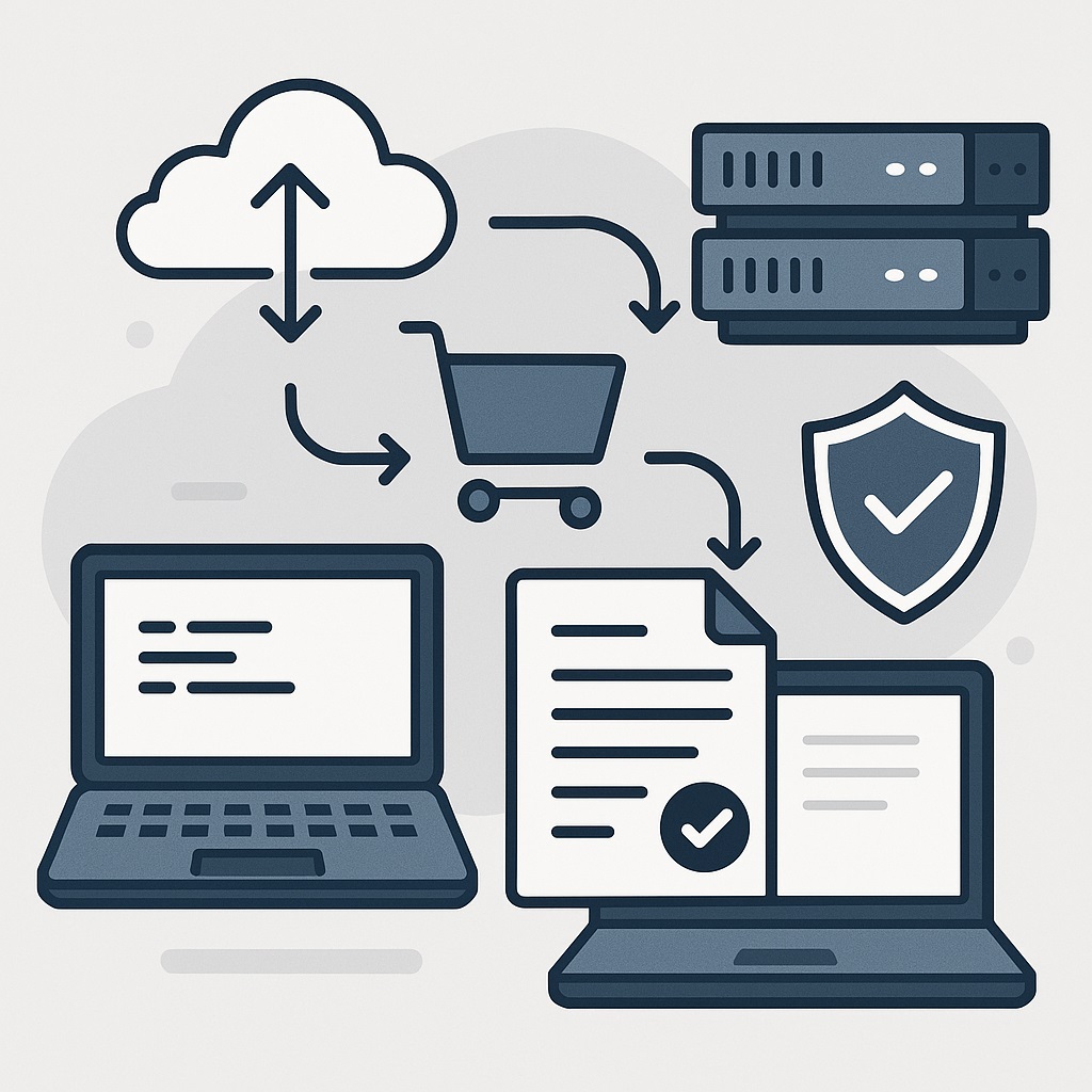 Display graphic of shopping cart and computer representing IT procurement