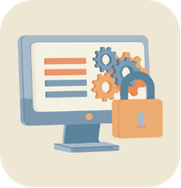 Illustration of a computer with settings gears and a padlock representing secure system access.