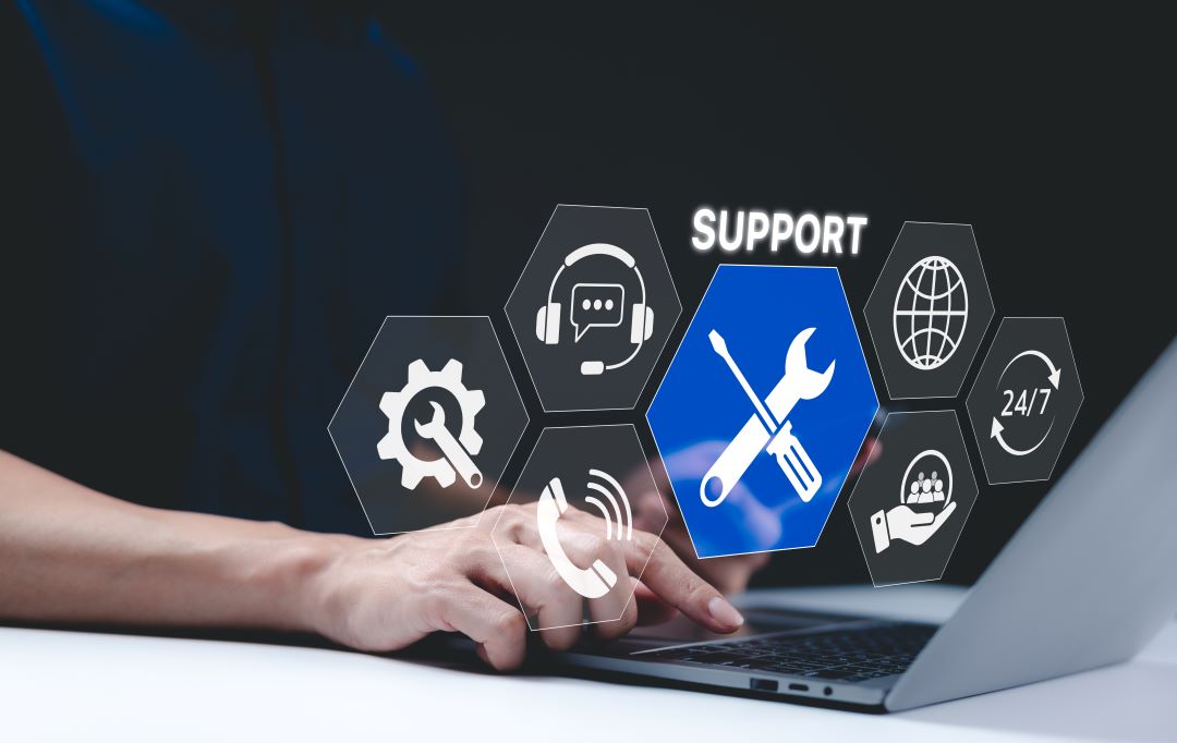 Image of a laptop with graphics that say Support for IT service.
