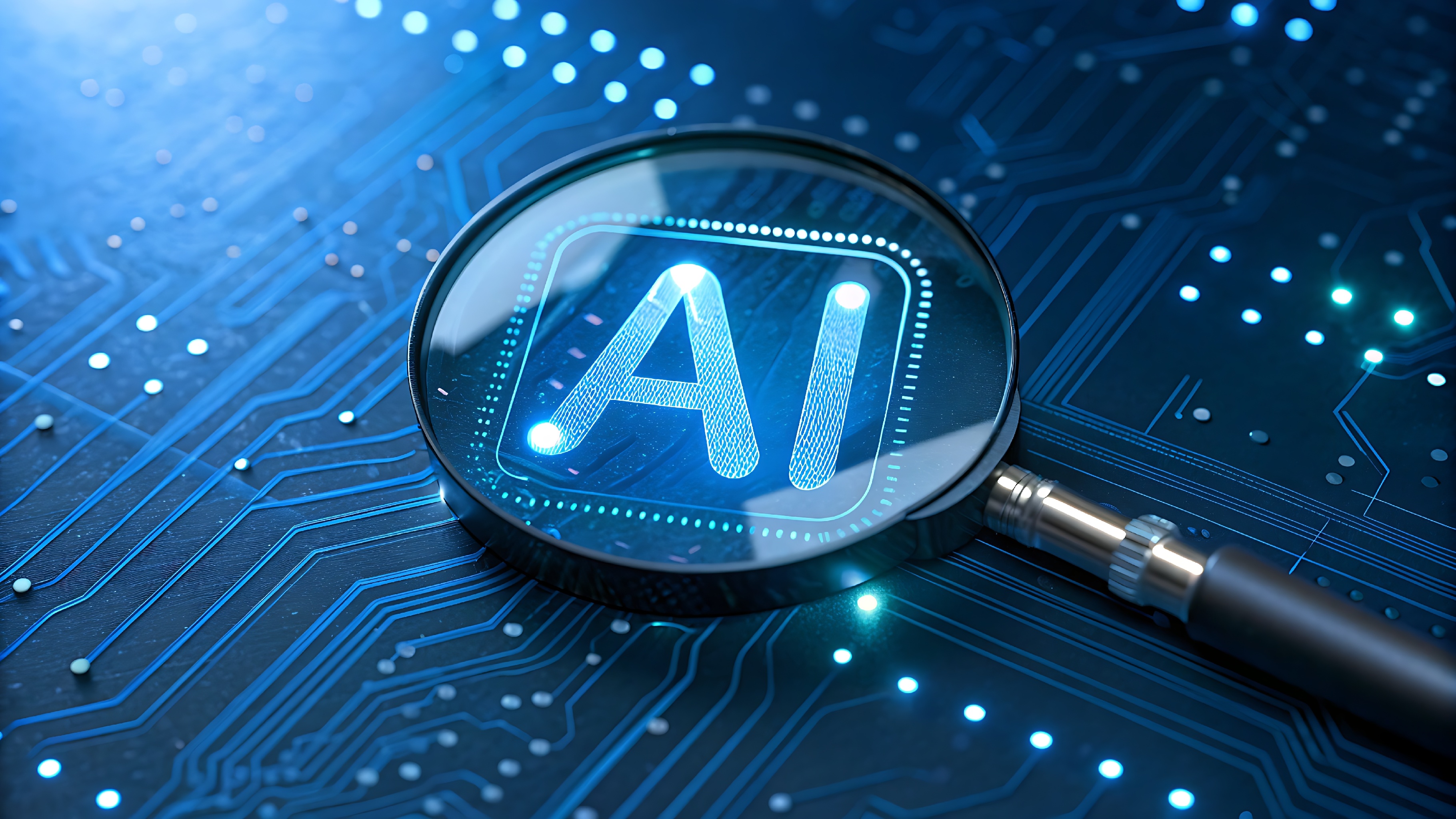 Image of a circuit board with AI under a magnifying glass.