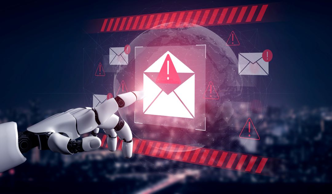 Image of an email envelope with a red warning sign and a robot arm reaching toward it.