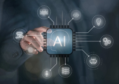 Image of a computer chip that says AI connecting to different icons such as servers, chat bubbles, and gears.