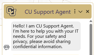 Screenshot of the CU Support Agent chat with a welcome dialog box.
