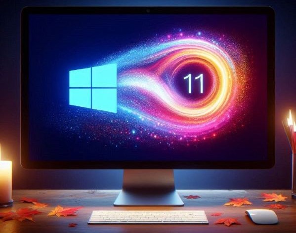 Image of a desktop computer and the Windows 11 logo.