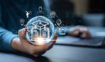 Human holding a globe with learning and teaching technology icons in it
