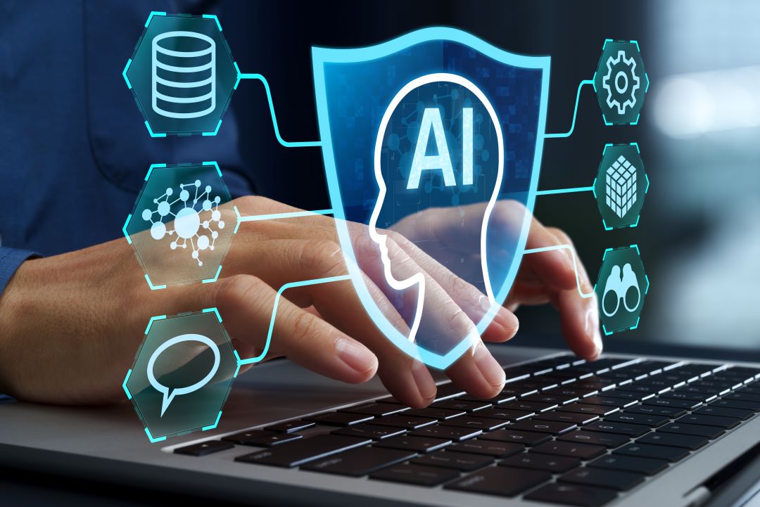 Image of a keyboard with a graphic of a secure shield and AI in the center.