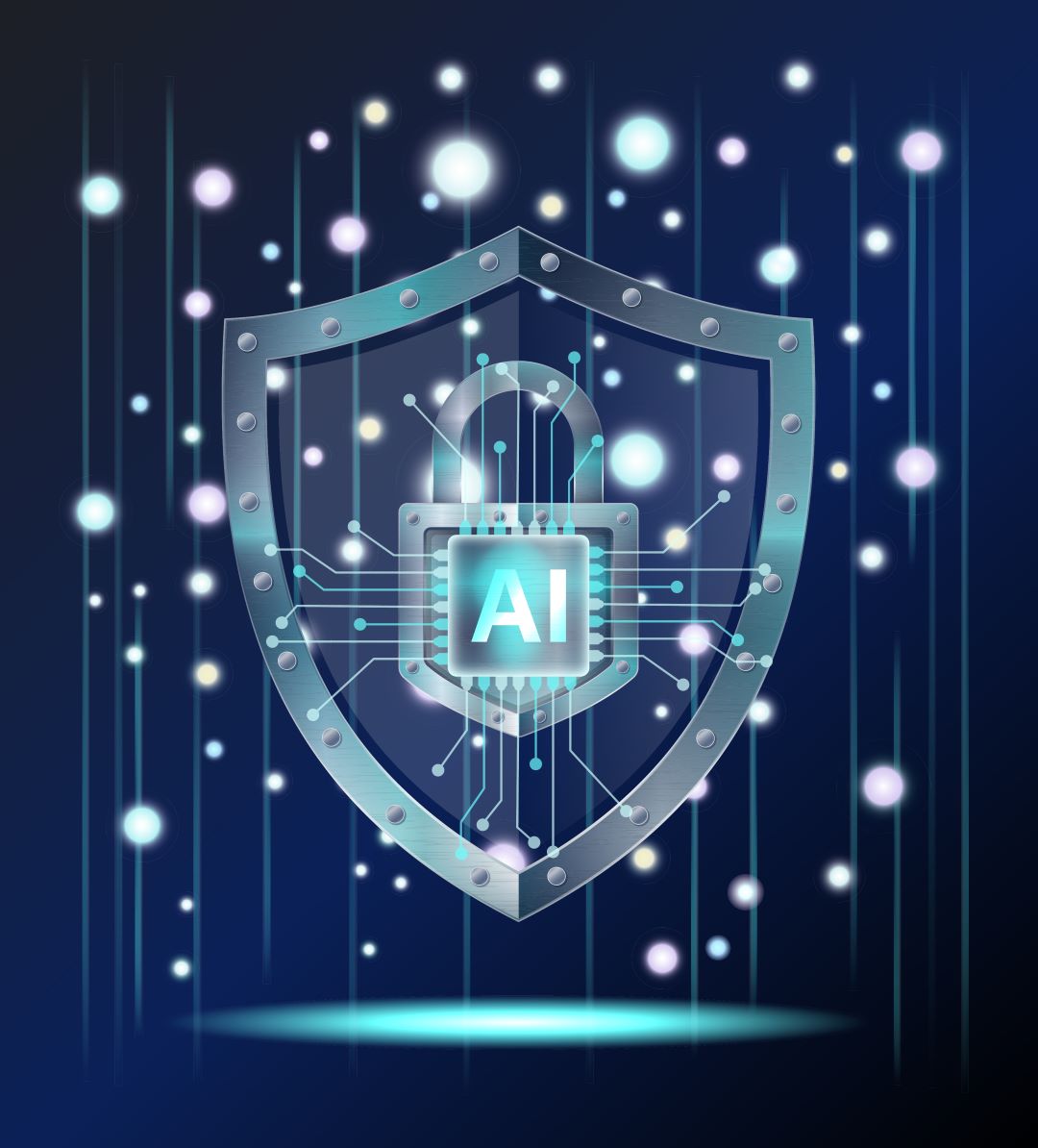 Image of a digital secure shield with AI in the center.