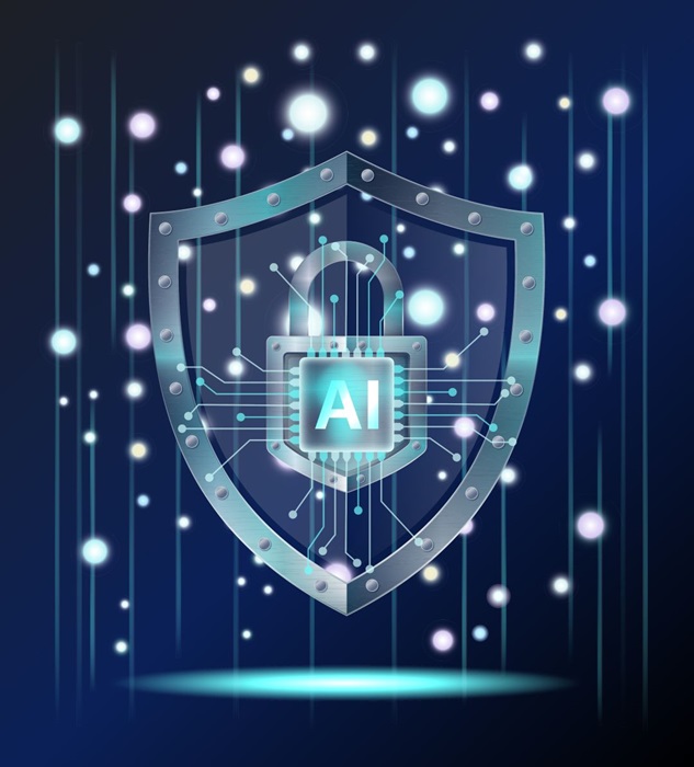 Image of a digital secure shield with AI in the center.