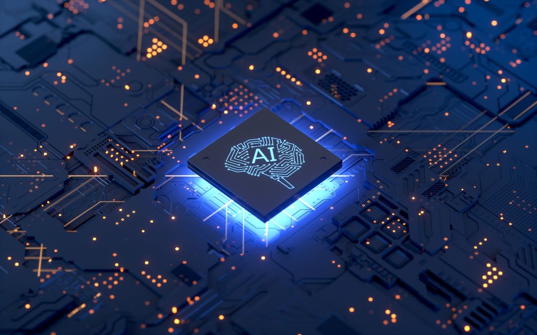 Graphic of a computer chip with a brain and the letters AI on it.