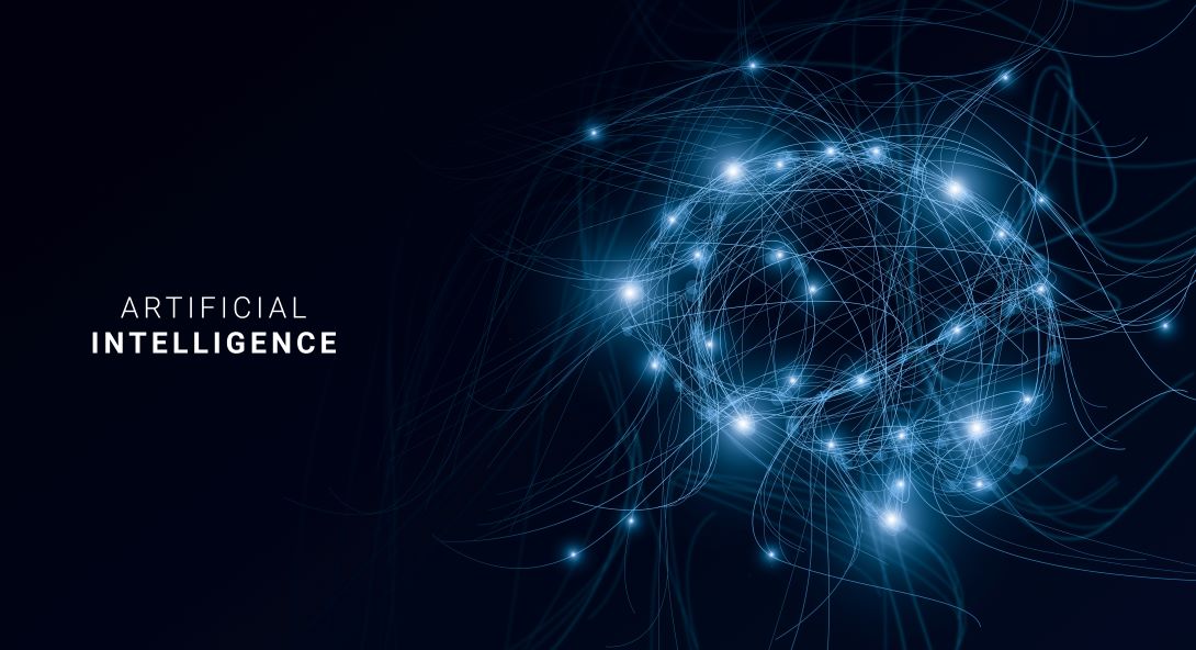 Graphic of cyber connections in the shape of a brain with the words Artificial Intelligence beside it.