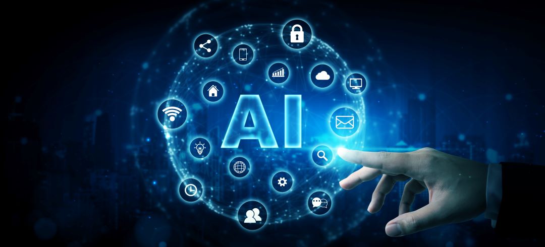 Graphic of the letters AI with a web of technology symbols around it like Wi-Fi and search.