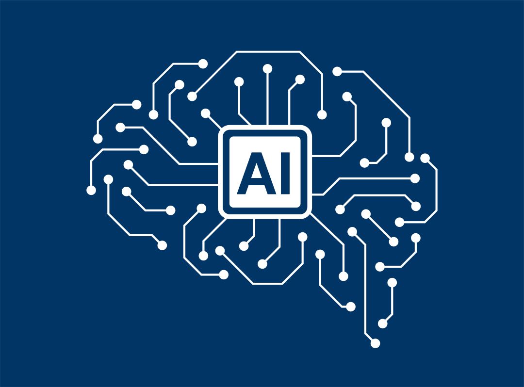 Graphic of a digital brain and AI in the center