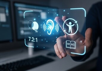 A person is pressing a digital button with the accessibility icon