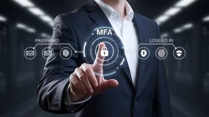 businessman pressing the virtual button MFA, multi-factor authentication