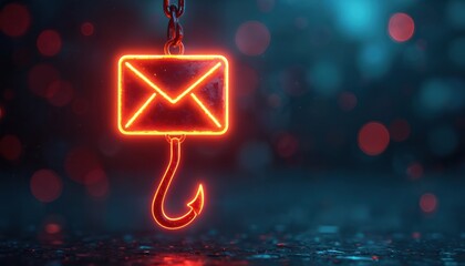 Neon email icon hangs from chain with fishing hook below.