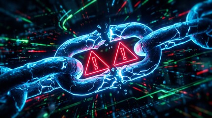 Digitally rendered broken chain with warning signs floating in a blurred background
