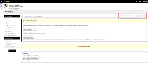 A screenshot of the appointments page and where to navigate to request an appointment.