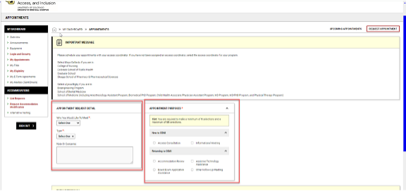 Schedule Appointment screenshot A screenshot of where to fill out the information needed to request an appointment.
