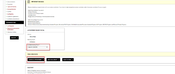 Select Time screenshot A screenshot of how to select your appointment time and where to click submit.