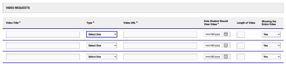 Screenshot of video caption request form