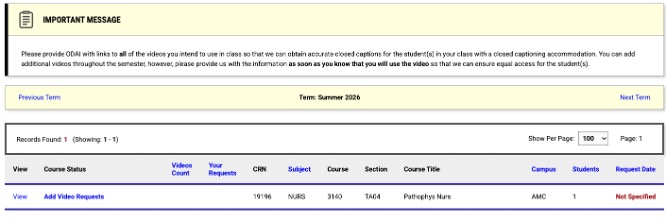 Screenshot of instructor view of video captioning requests