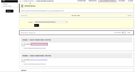 Course Assessment Information per Course screenshot Screenshot showing where to click to enter course assessment information for a specific course
