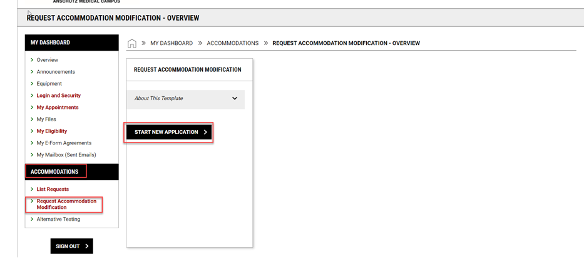 Request Accommodation Modification screenshot A screenshot of where to go to request accommodation modifications.
