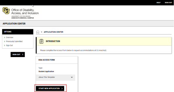 Start New Application screenshot Screenshot of how to start a new application for accommodations