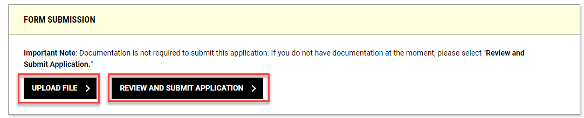 Upload File screenshot Screenshot of the Upload File and Review and Submit Application buttons