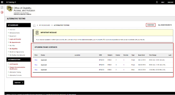 Scheduled Exams screenshot A screenshot showing a list of scheduled exams