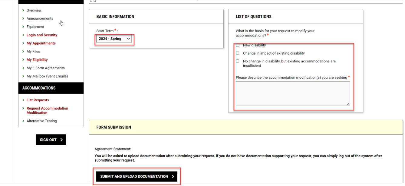 Accommodation Modification screenhot Screenshot of information required to request an accommodation modification