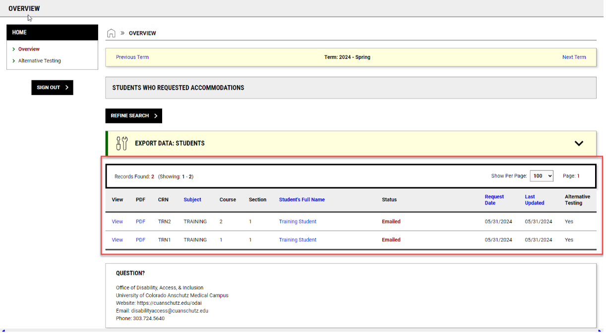 A screenshot showing a list of students with accommodations in a course.