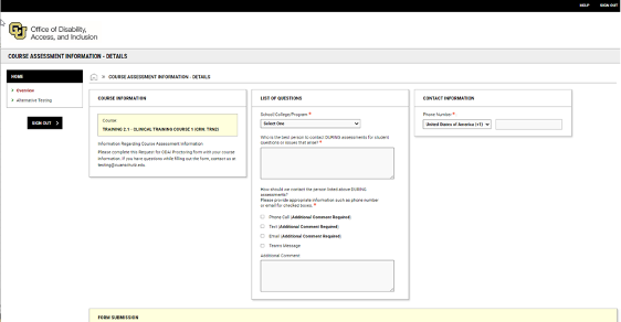 Course Assessment Information screenshot Screenshot showing the course assessment information section of the test proctoring request process