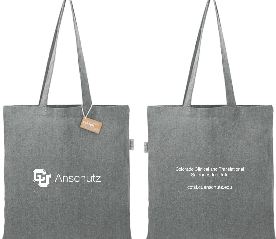 Grey tote bag with CU Anschutz logo and CCTSI text on the back