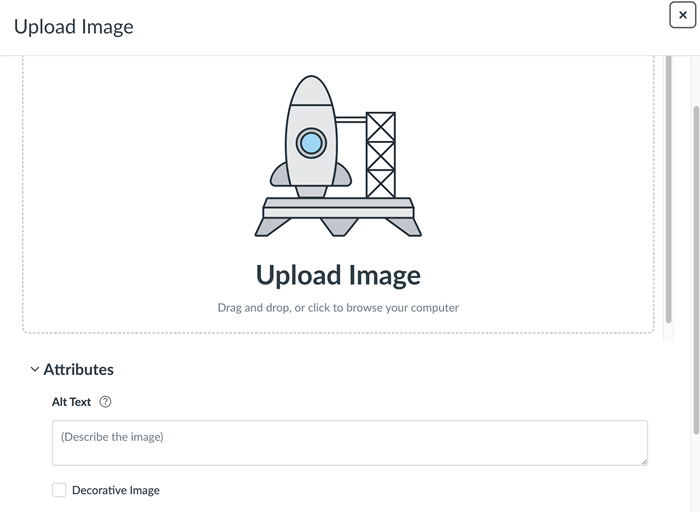 Alt text field and decorative image checkbox under image upload attributes
