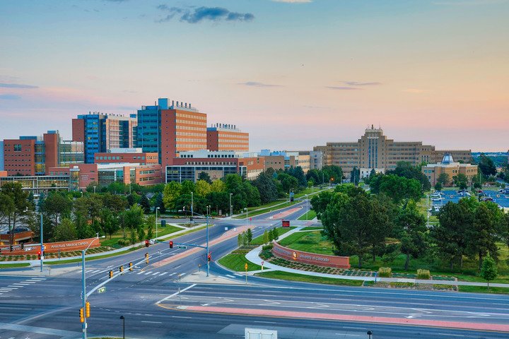 Image of the CU Anschutz Medical Campus at sunset