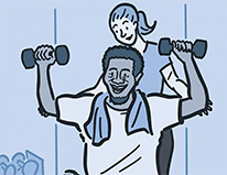 drawing of man lifting weights aided by woman trainer