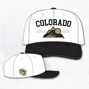 Black, white, and CU gold baseball cap with the interlocking CU on one side and the Rockies logo on the front with the word Colorado across the top.