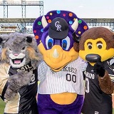 Lynx, dinosaur, and buffalo mascots stand together.