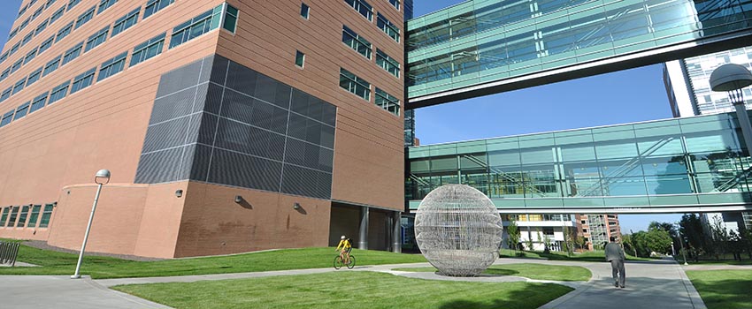 Sphere sculpture between north and south research buildings