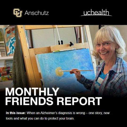 Monthly Friends Report: Rebecca Chopp smiles as she sits in front of an art easel containing a painting she is creating.