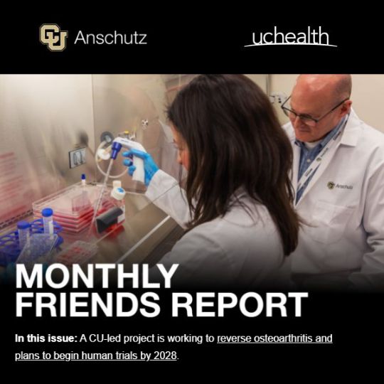 Monthly Friends Report: Karin Payne, PhD, and Michael Zuscik, at work in a lab at CU Anschutz.
