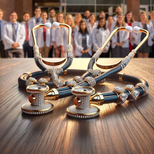 Diamond encrusted stethoscopes sit on a table. In the background, a group of first-year medical students stand together, smiling while all wearing white coats.